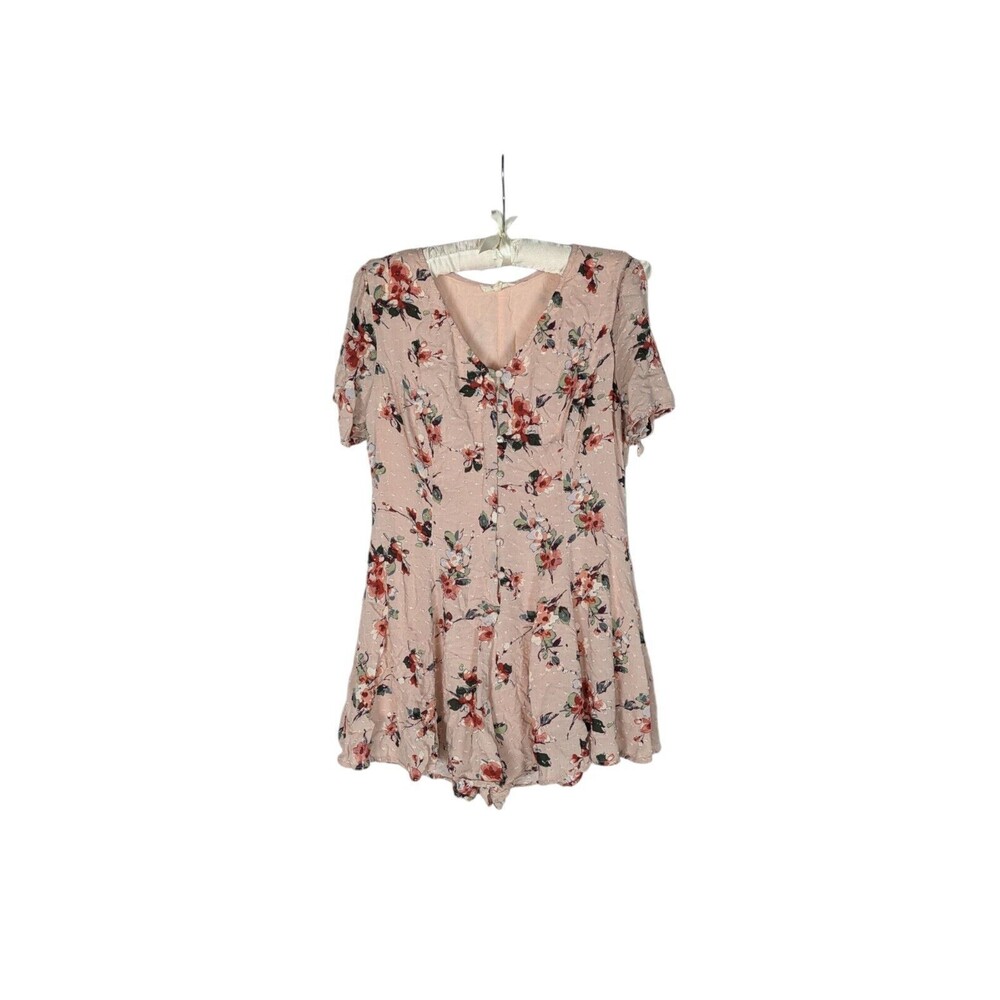 Illa Illa Romper M Women's Pink Floral Vneck Button Down Swiss Dot Cold Shoulder